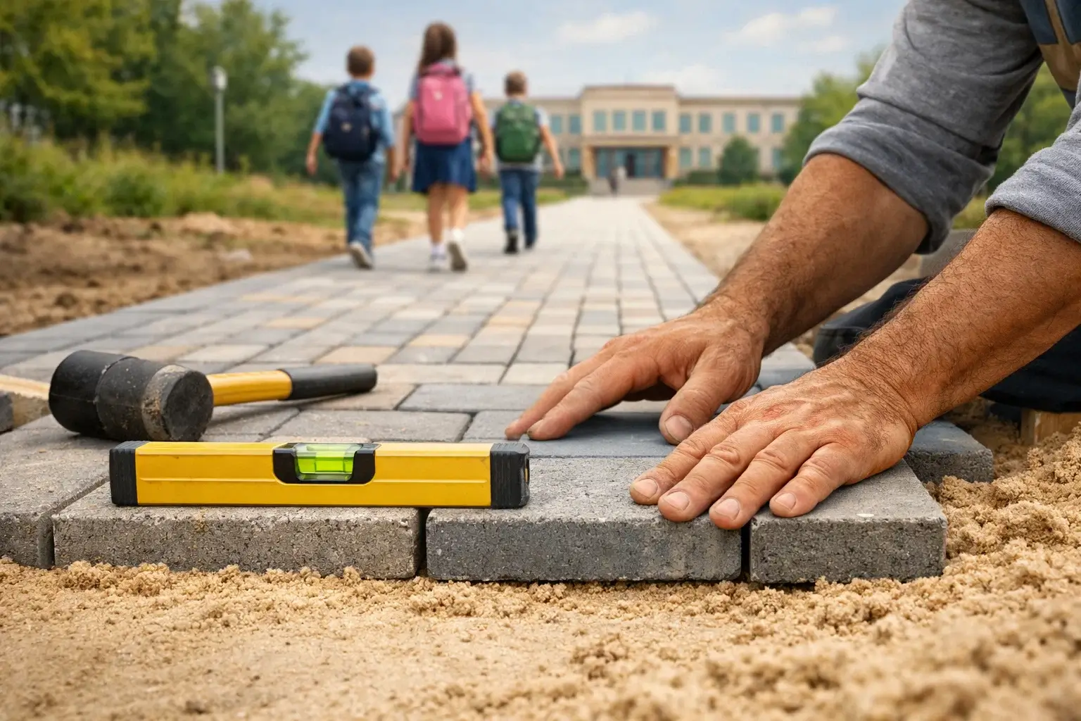 children walking to school on paved path