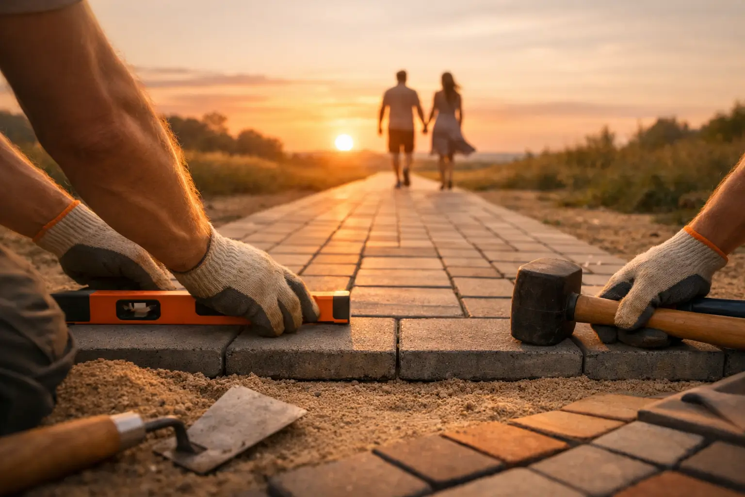 couple walking to sunset on paved path