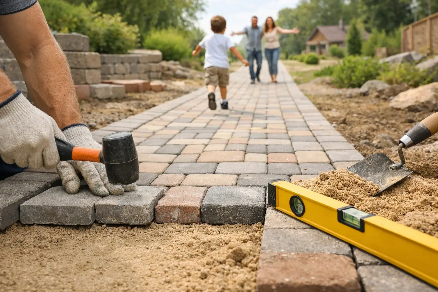 child running to parents on paved path