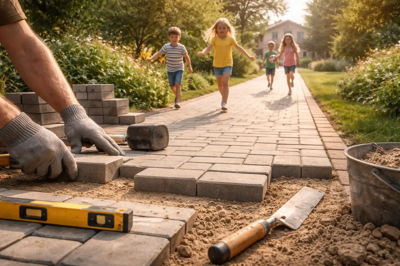 children playing on paved walkway
