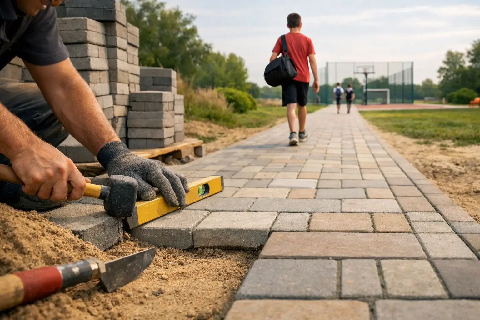 teenager walking to training on paved path