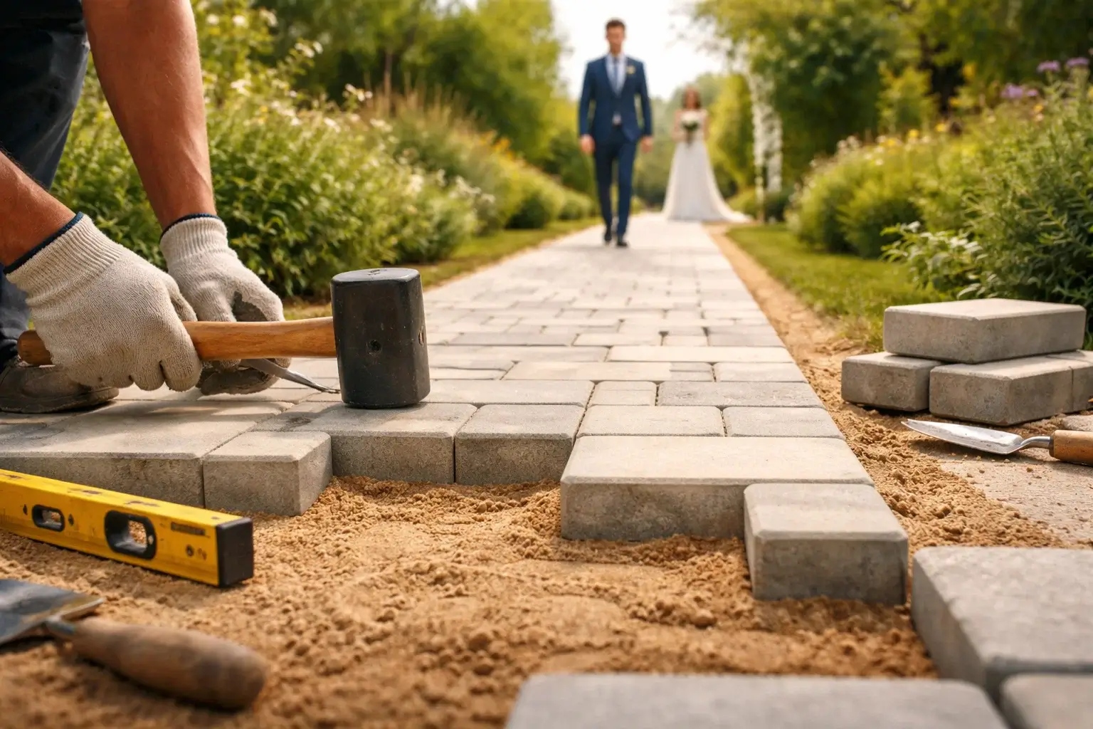 groom walking to bride on paved path
