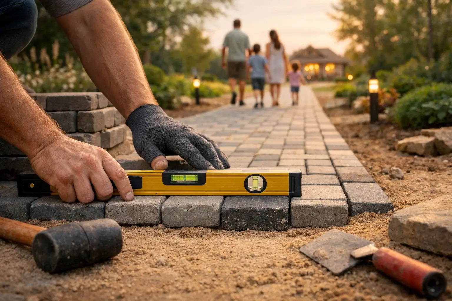 family walking together on paved path