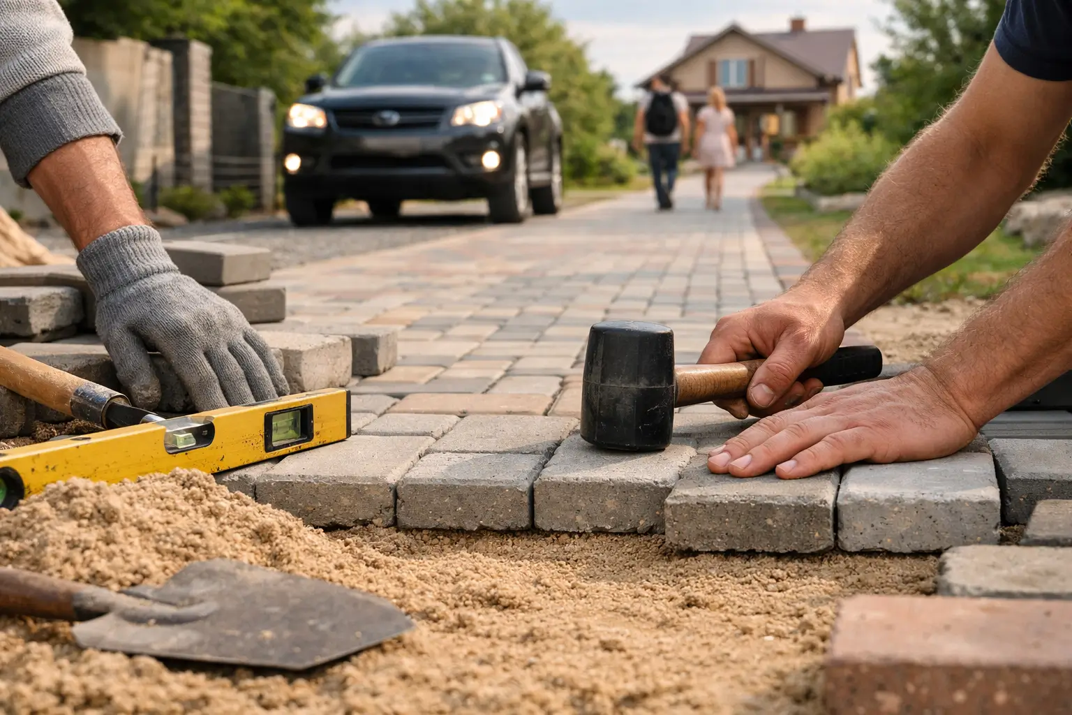 car entering driveway on paved path