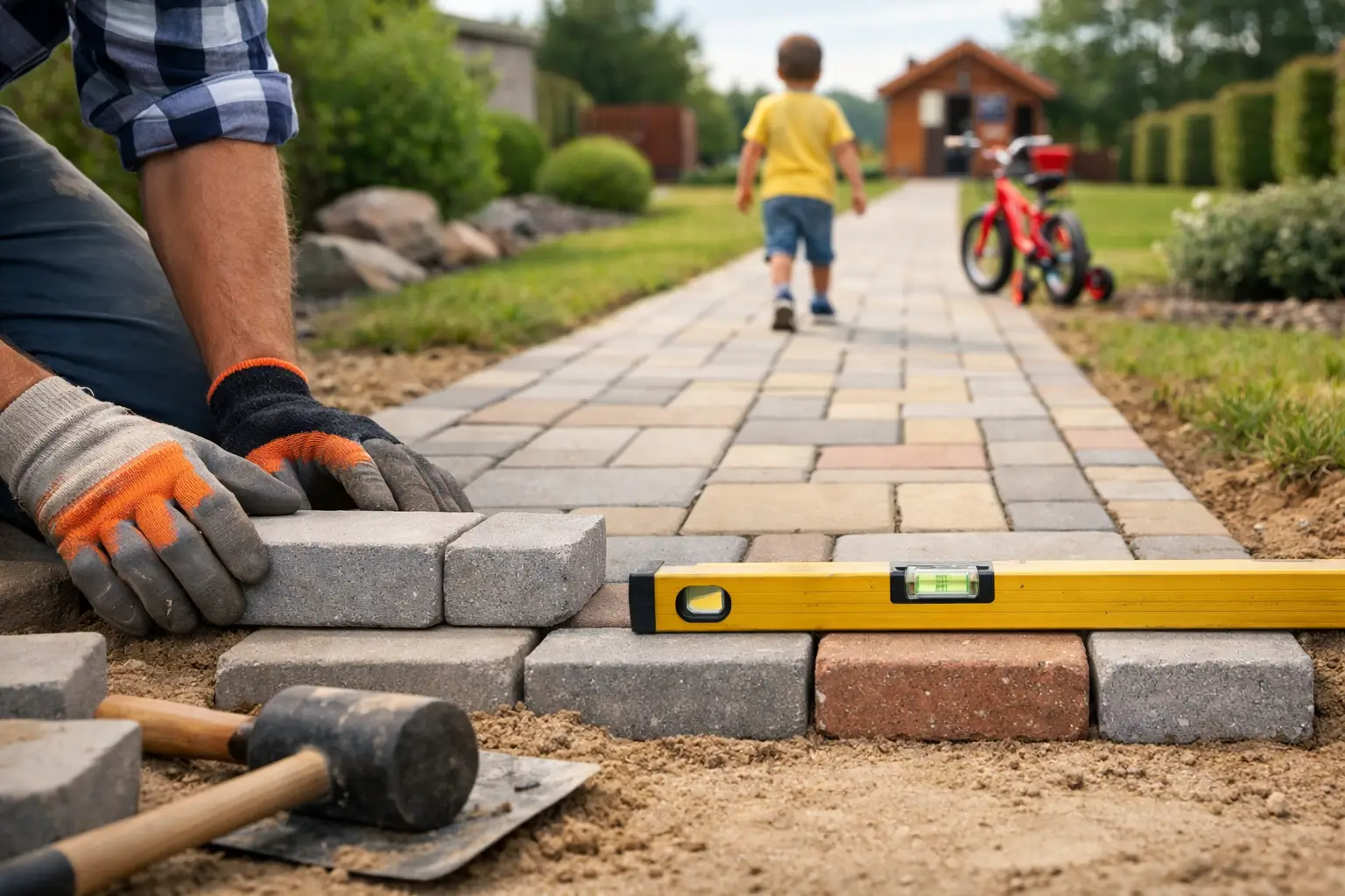 child walking to toy on paved path