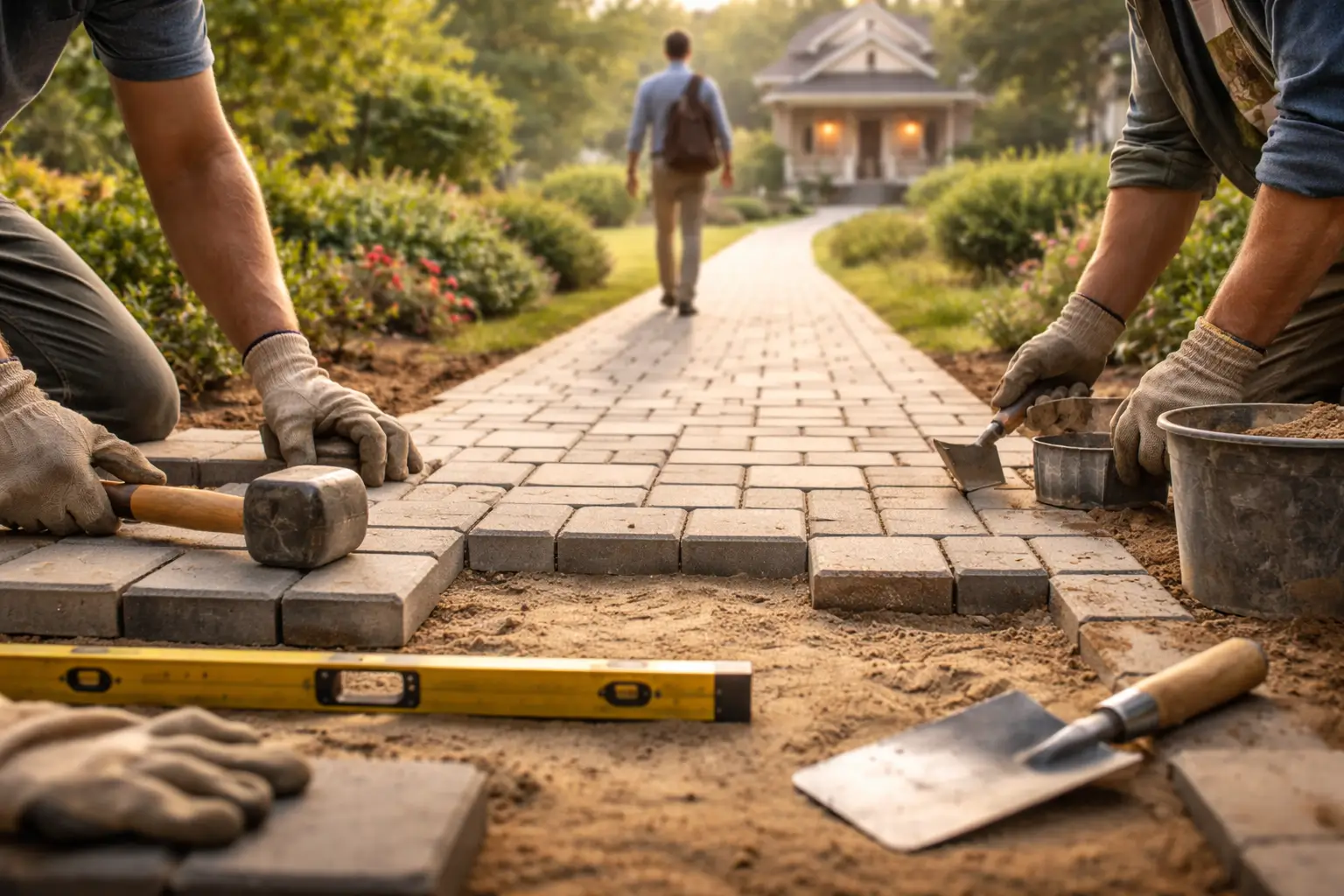 person walking in morning on paved path
