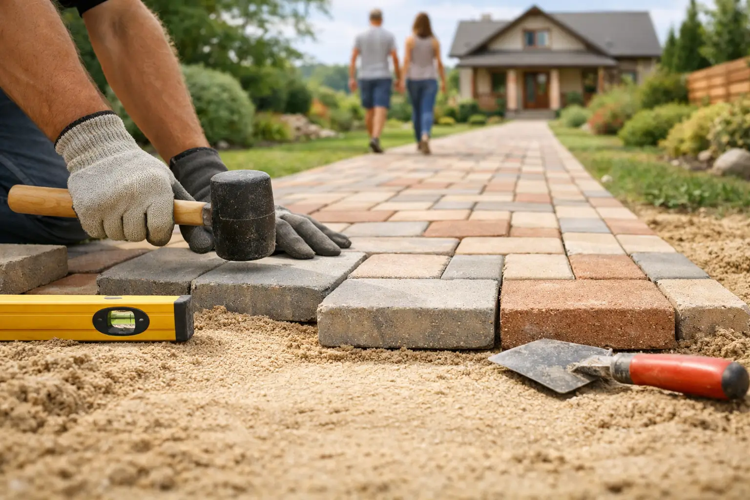 people walking to house on paved path
