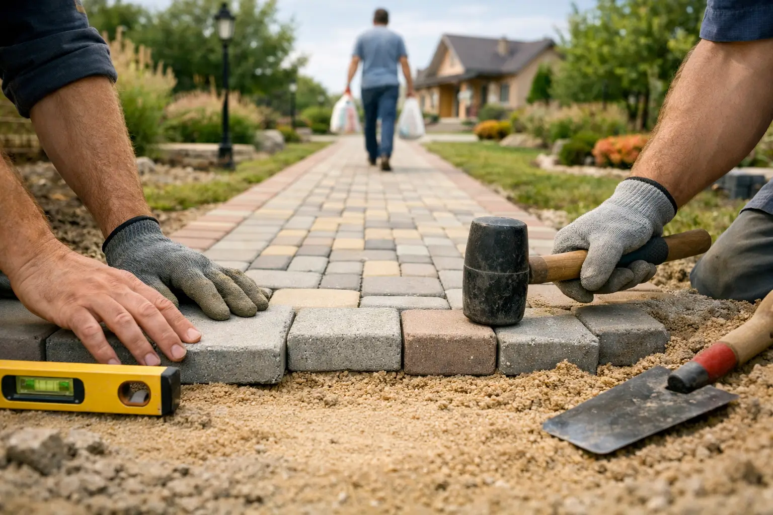 person carrying groceries on paved path
