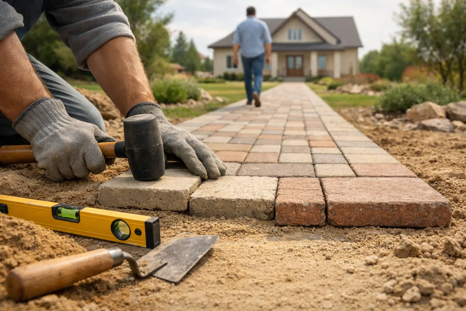 person walking to new house on paved path