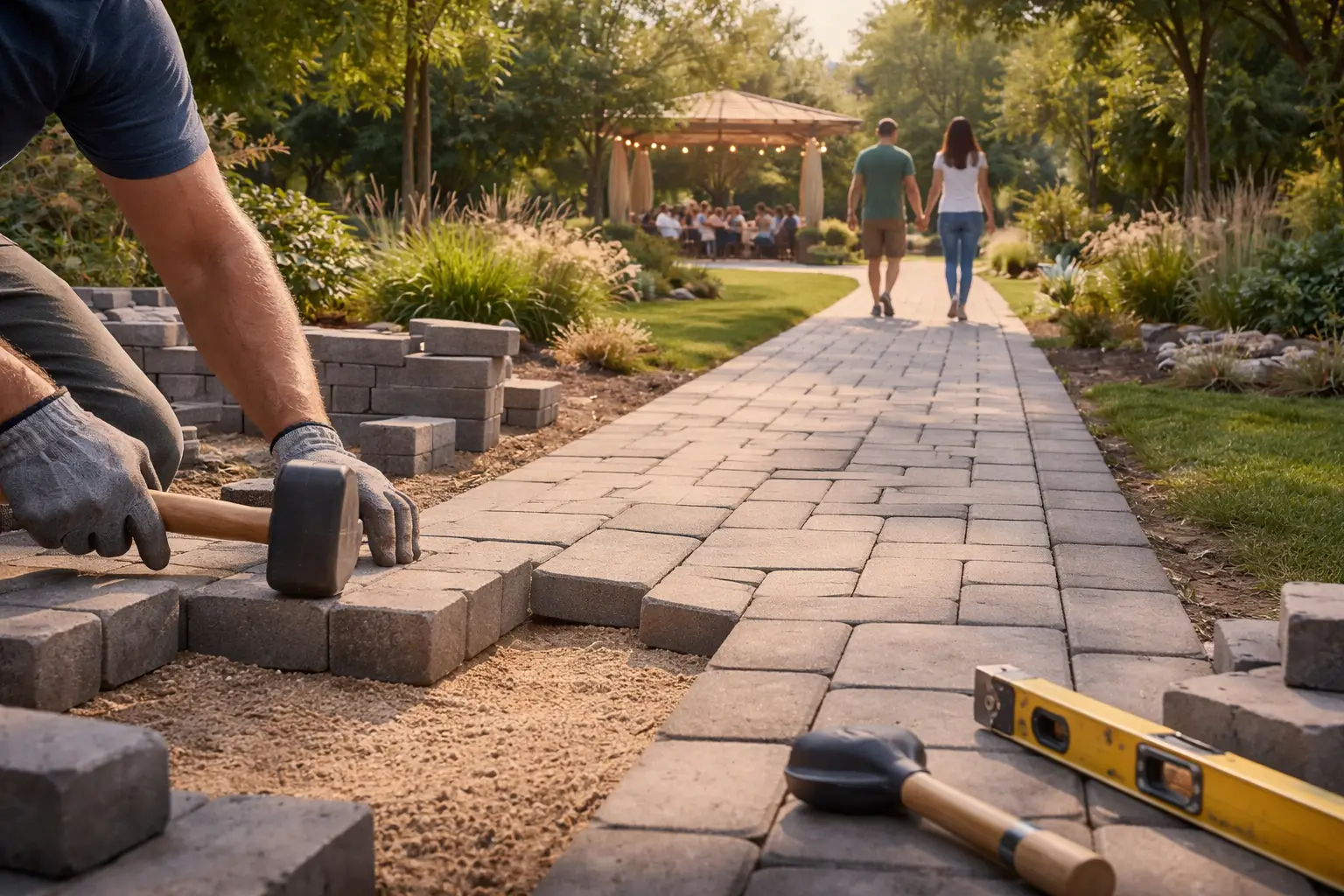 people walking to patio on paved path